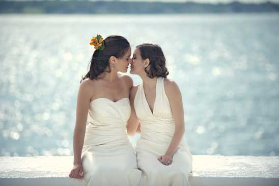Romantic seaside Rhode Island wedding lesbian wedding same-sex wedding two brides Photography: Carla Ten Eyck Photography Venue: Belle Mer