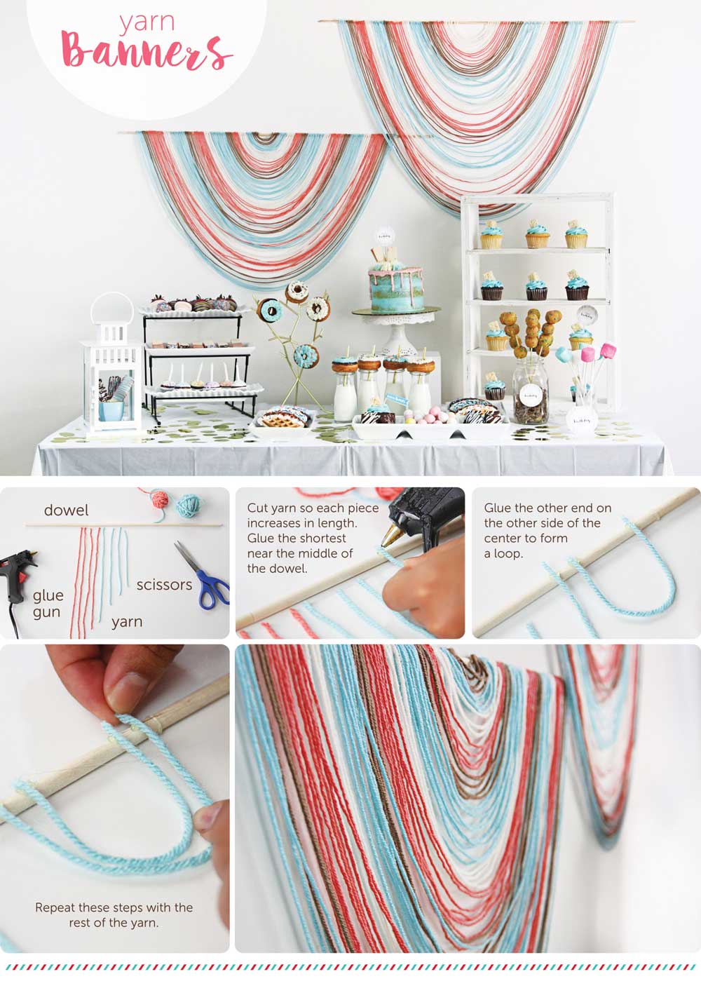 DIY wedding reception dessert table yarn banner