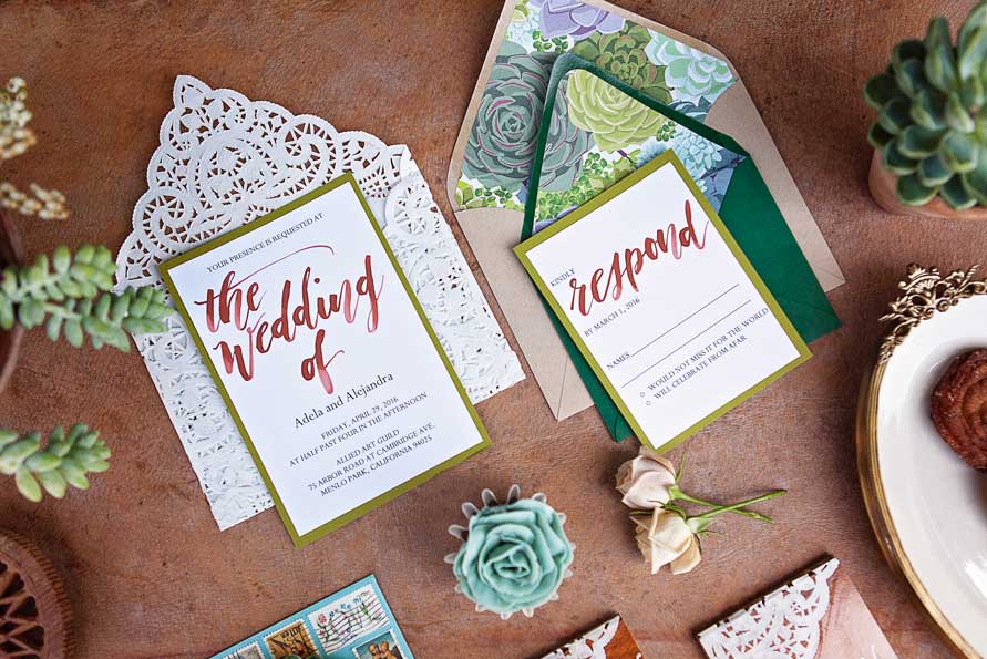 Wedding invitation and response card for two brides at rustic Mexican lesbian wedding