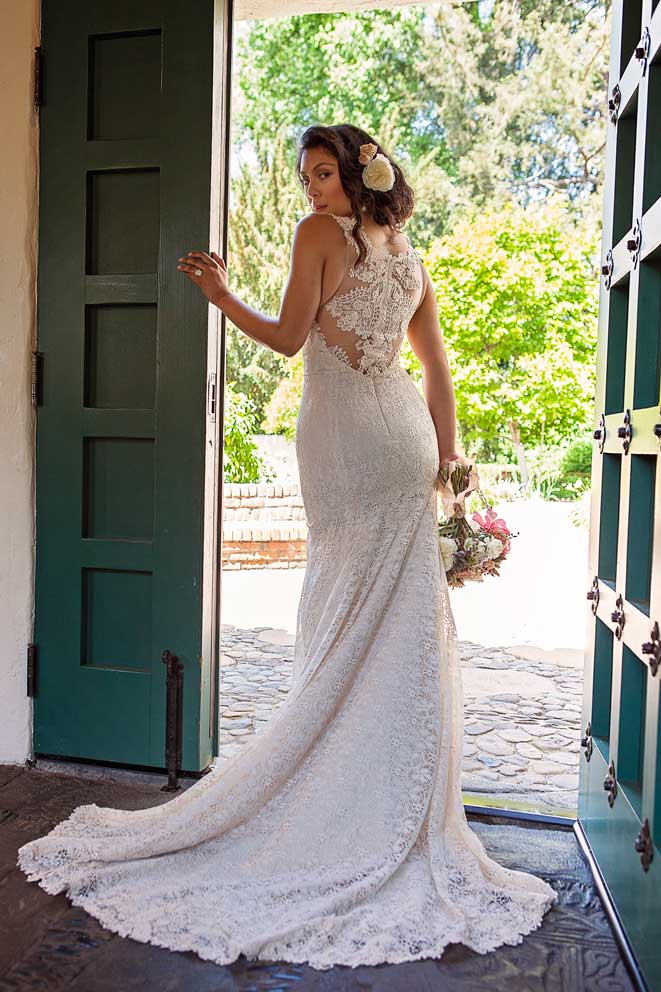 lesbian bride at rustic Mexican wedding in a lace BHLDN wedding gown