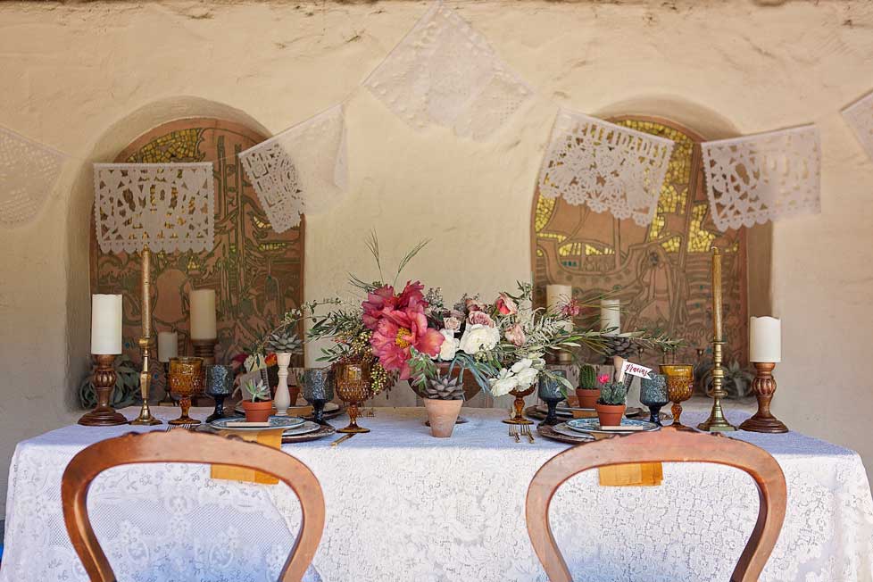 table decor, table setting and centerpiece at rustic Mexican wedding