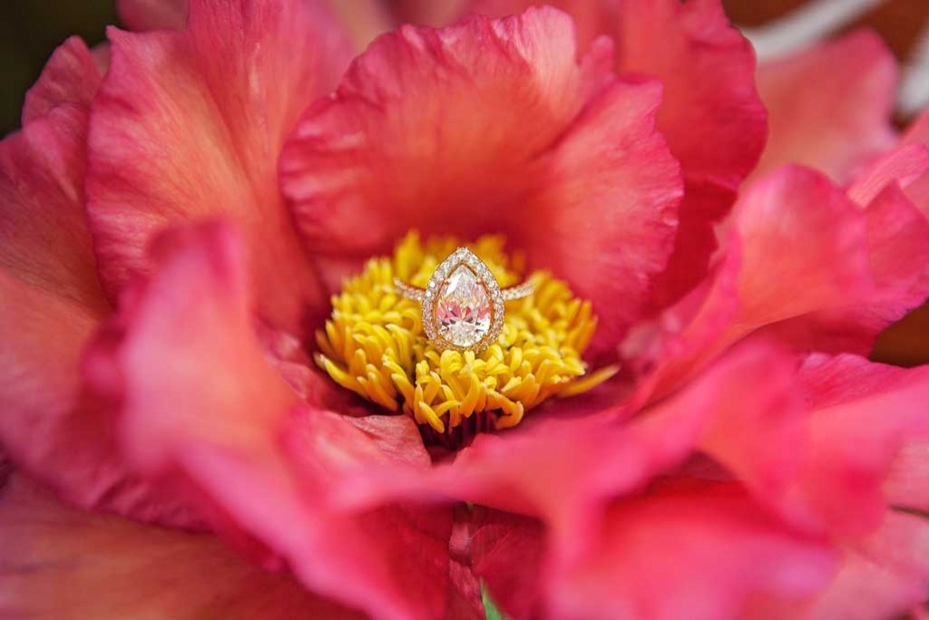 wedding ring shot on a flower