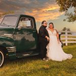 Sunset Wedding Portrait by a Vintage Truck at Hydrangea Blu Barn