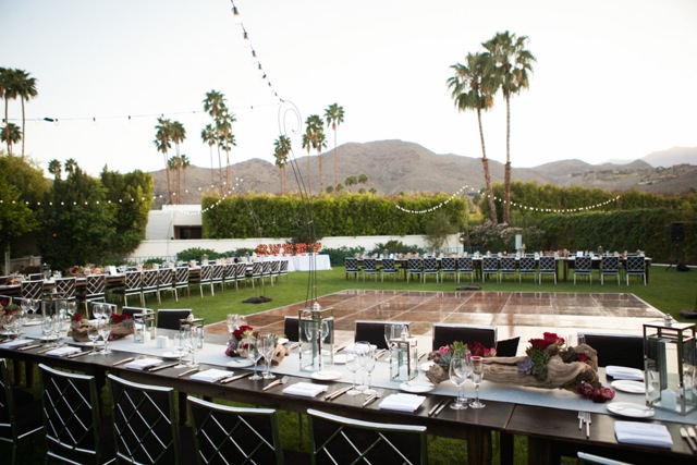 outdoor wedding Palm Springs California red roses masculine decor