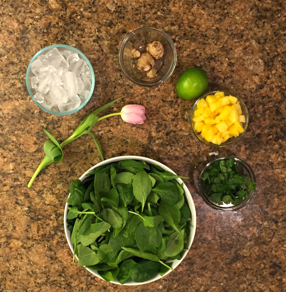 GREEN CILANTRO SMOOTHIE  Serves 1 juice from one lime (squeezed by hand)  2 cups of filtered water  1 cup kale or spinach leaves  1 cup chopped fresh pineapple  1/2 cup fresh cilantro   1/2 inch fresh ginger root, unpeeled 1 cup ice  