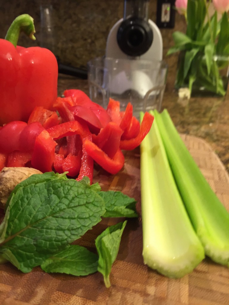 RED PEPPER-MINT JUICE  Serves 1 2 red bell peppers, cored and seeded; 2 stalks celery, roughly chopped; 1 inch fresh ginger root, unpeeled; After juicing: fresh mint leaves, crushed; pure stevia, to taste (optional)