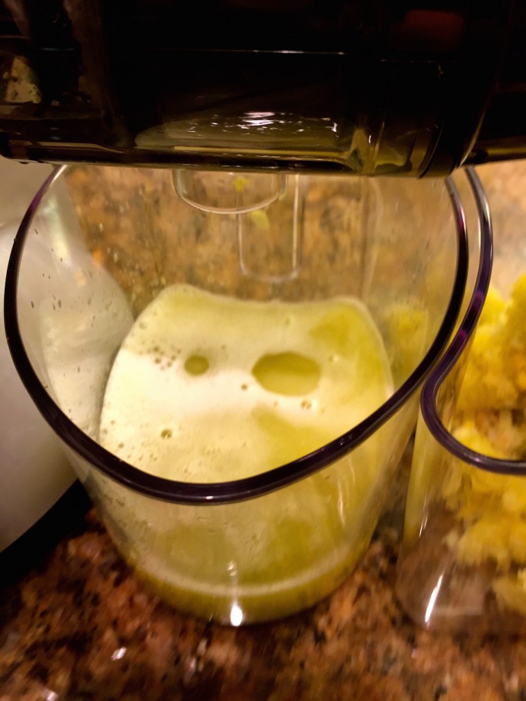 I used Omega's awesome masticating juicer, which separates the juice from the pulp. Here it is in action.