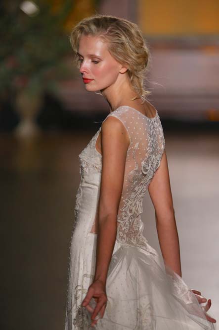 NEW YORK, NY - OCTOBER 08: A model walks during the Claire Pettibone Bridal Fall/Winter 2016 Presentation at The Prince George Ballroom on October 8, 2015 in New York City.