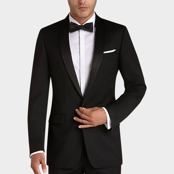 Cut from fine wool, this sophisticated tuxedo by Calvin Klein features a satin shawl collar and flat-front slacks.