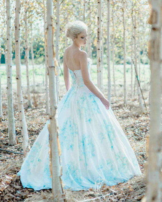 Strapless white and blue watercolor wedding gown