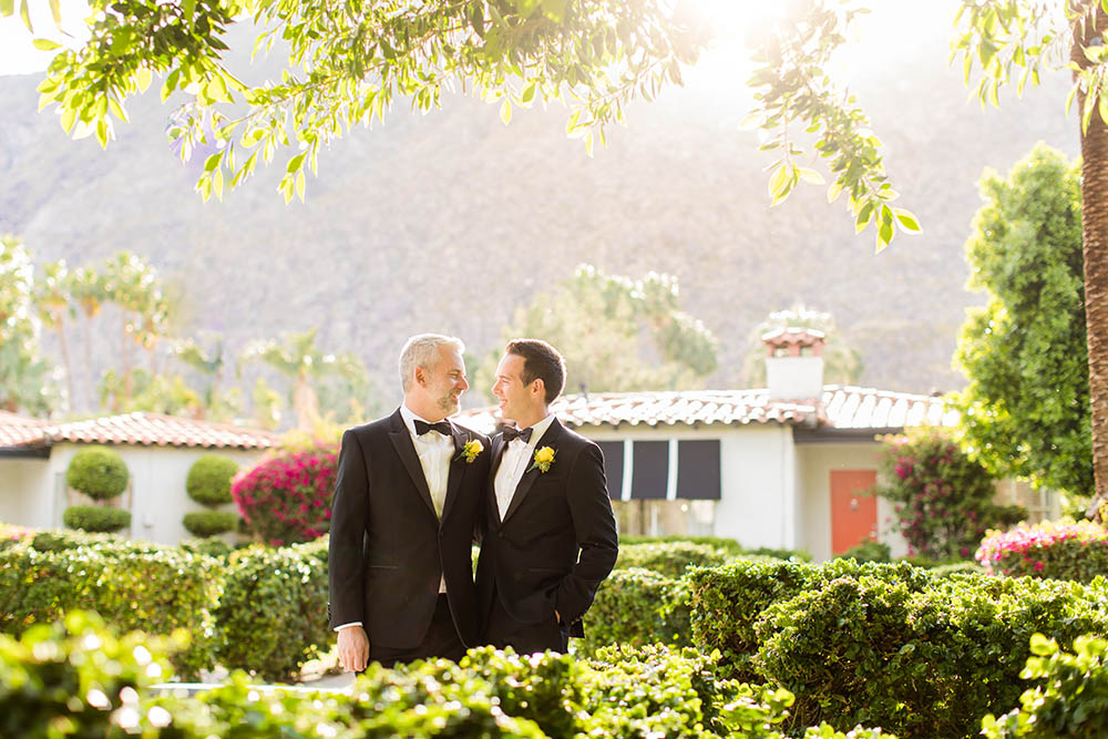 Palm Springs black and yellow poolside wedding