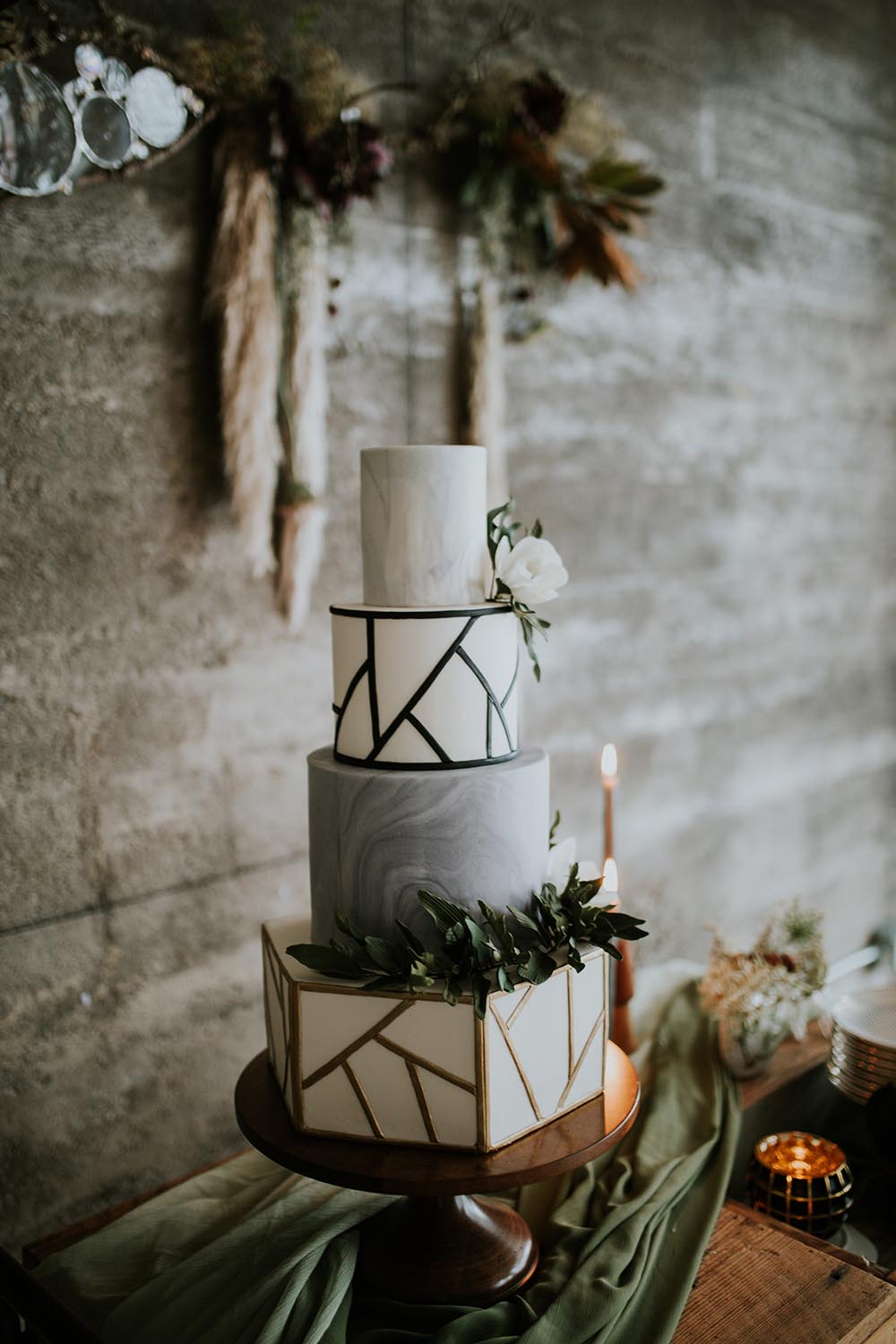 Wedding inspiration: leather accents, a geometric wedding cake and rich tones | Jamie Carle Photography