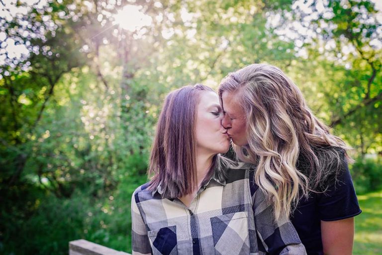 Outdoor Rustic Wisconsin Lesbian Engagement Shoot Pink Spruce