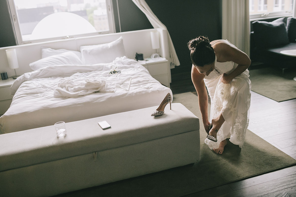 Montreal destination wedding with industrial chic theme getting ready bride
