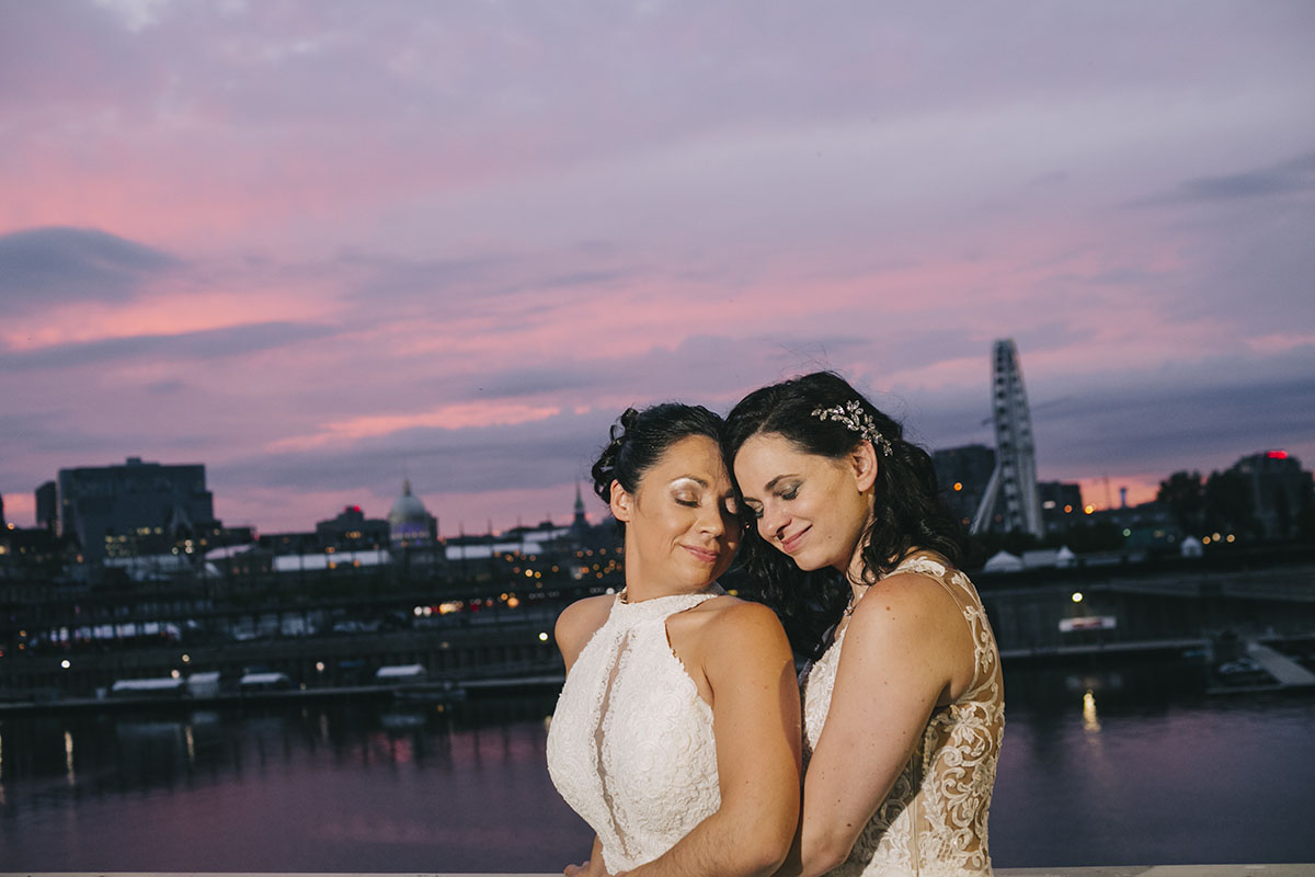 Montreal destination wedding with industrial chic theme sunset two brides