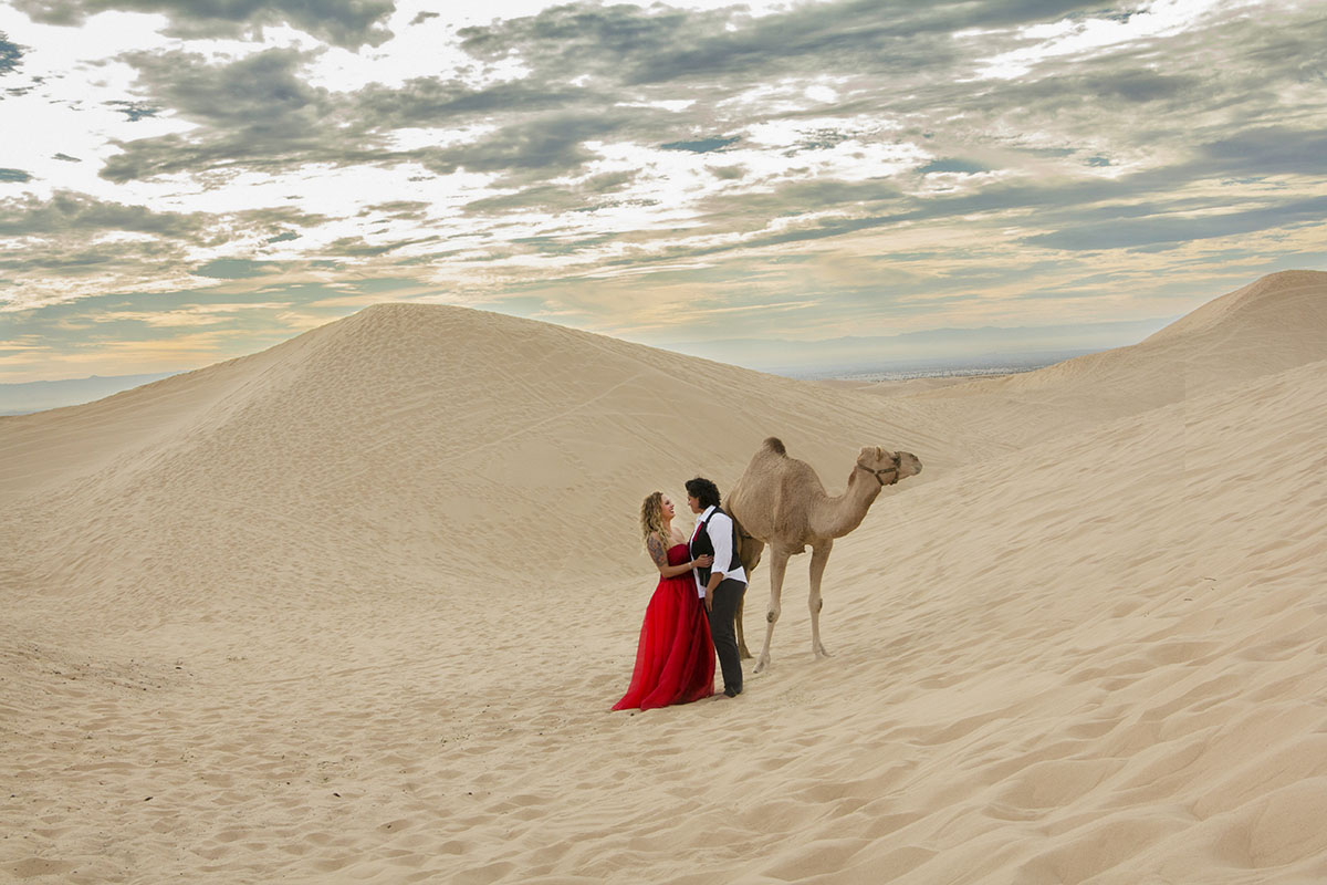 Egyptian engagement photos at sunset with camel red dress tuxedo