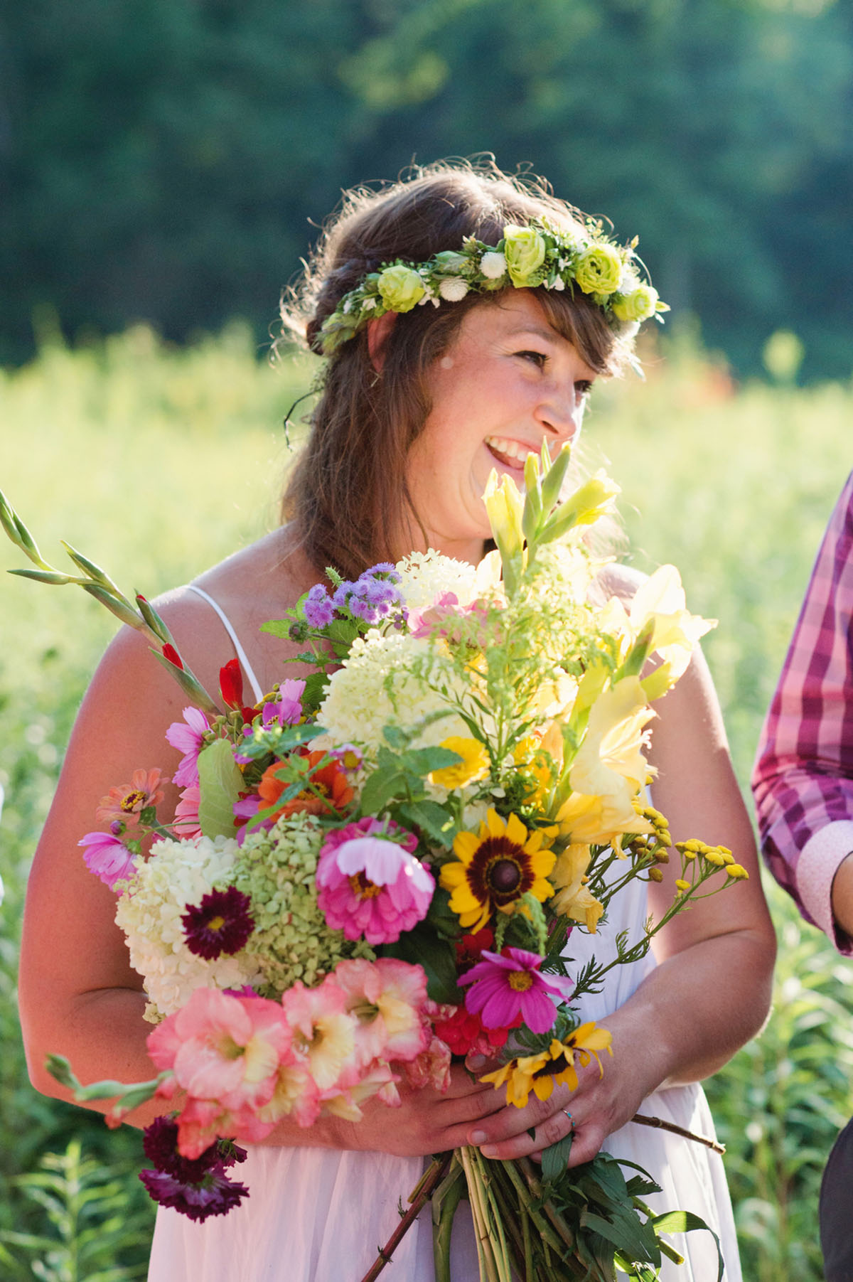 Lesbian wedding with summer garden and creative floral bouquets flowers