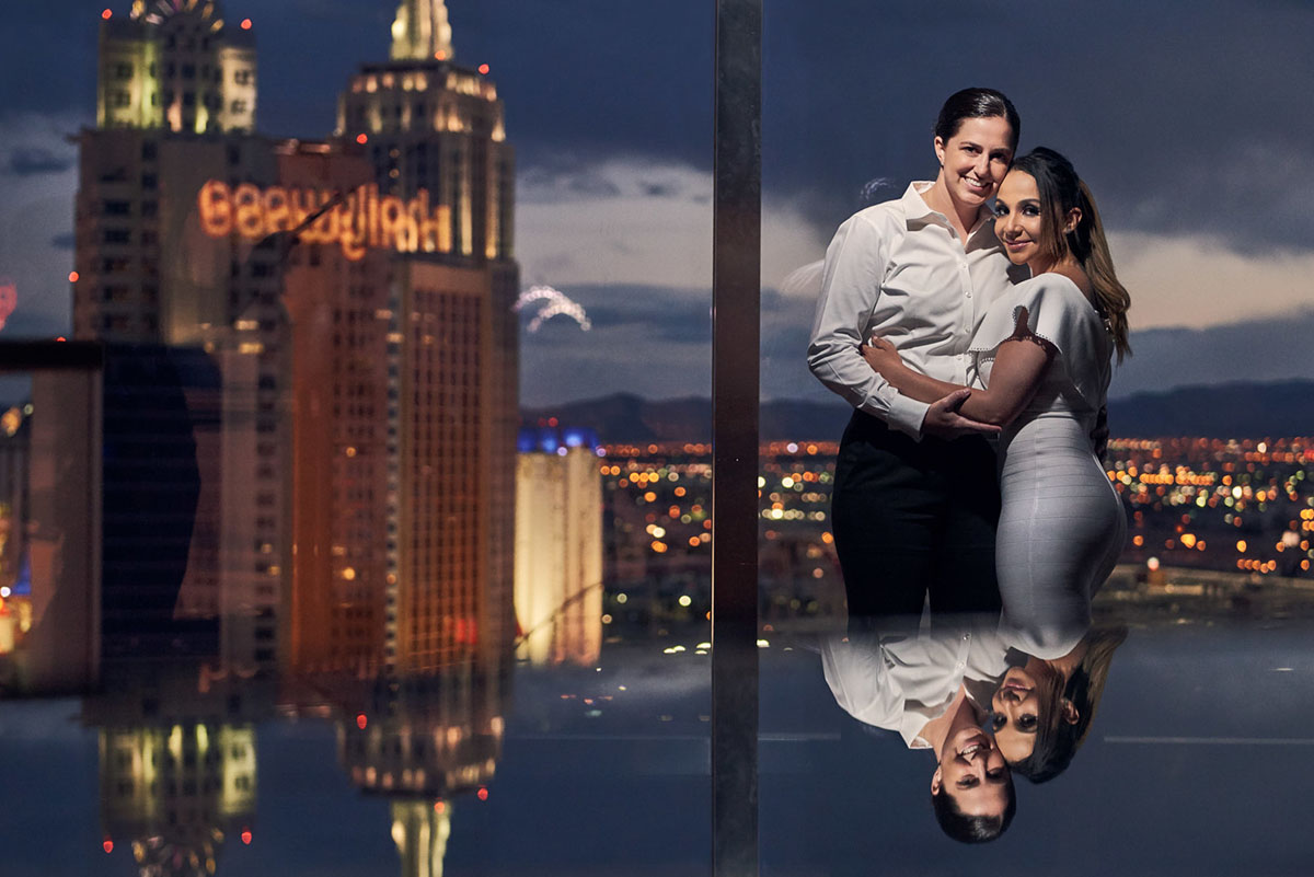 Luxury lesbian proposal at Mandarin Oriental, Las Vegas city skyline