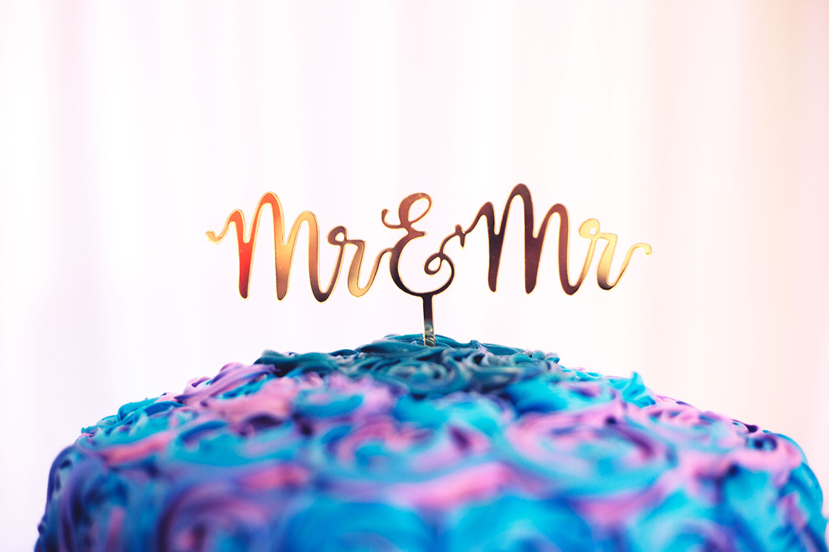 Simple, classy Georgia wedding with amethyst and aquamarine colors Mr. and Mr. cake topper