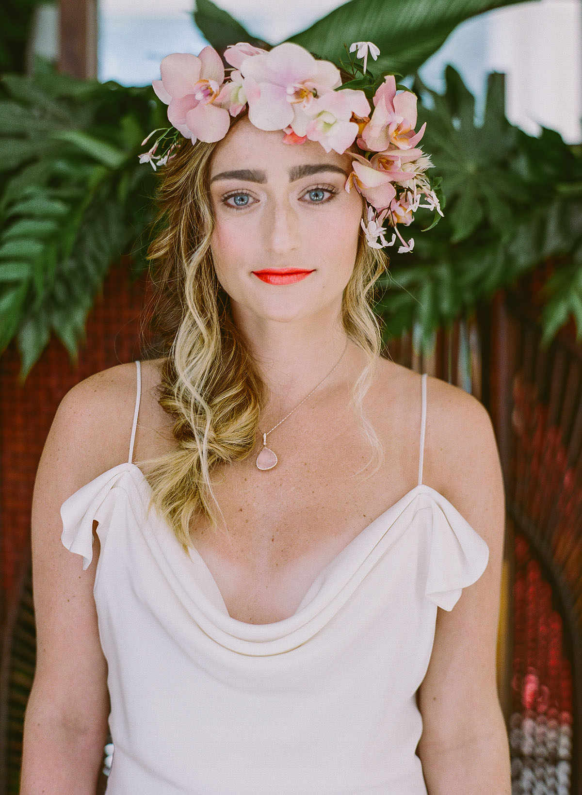 Tropical boho wedding photo shoot bride flower crown
