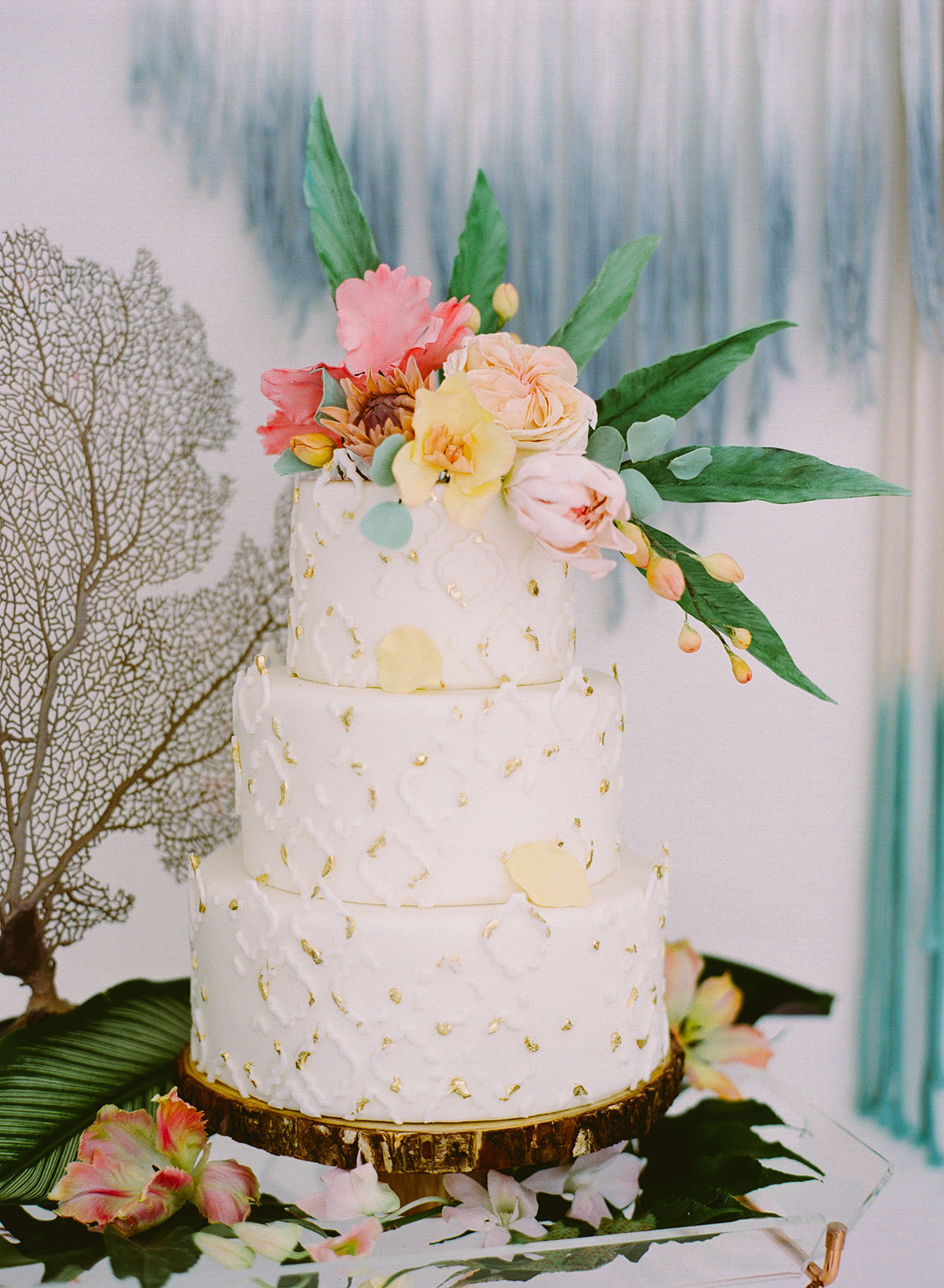 Tropical boho wedding photo shoot cake