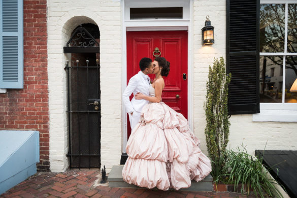 Victorian lesbian wedding at historic church in Alexandria, Virginia kiss
