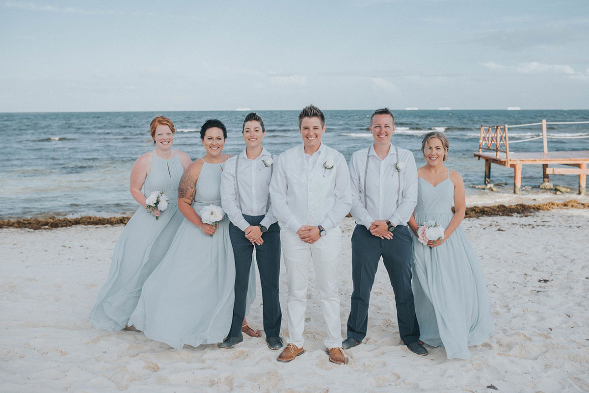 Cancun resort lesbian destination beach wedding Rachel Campbell Equally Wed wedding party bride