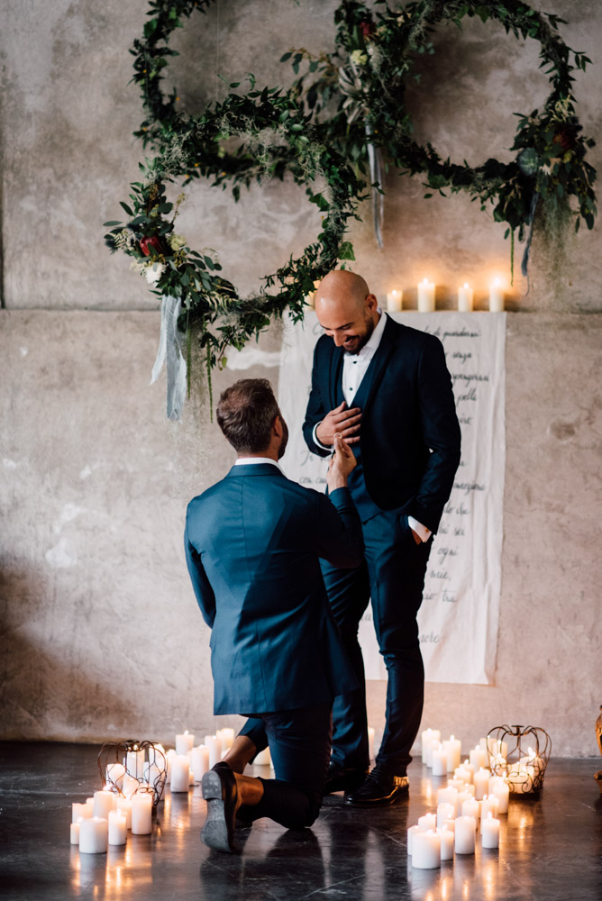 grooms getting marred proposal ring Italian rustic moody destination gay wedding of your dreams Serena Genovese, photographer Equally Wed LGBTQ weddings