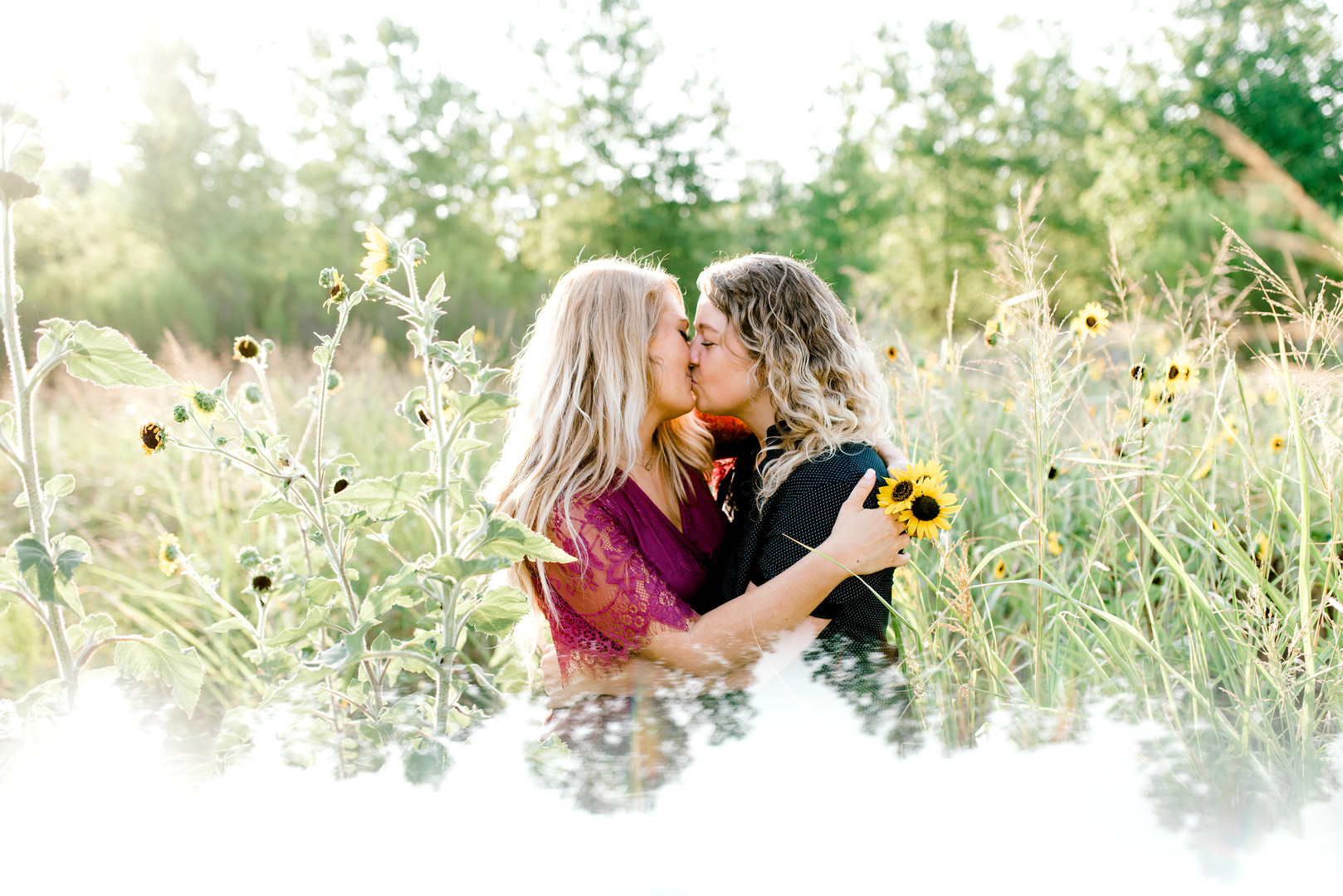 Bright, floral engagement session in downtown Dallas, Texas two blonde brides ring casual sunrise jeans red lace dress heels boots flowers garden