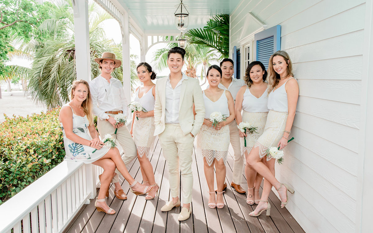 Intimate Florida Keys tropical wedding tan tuxedo tux wedding party