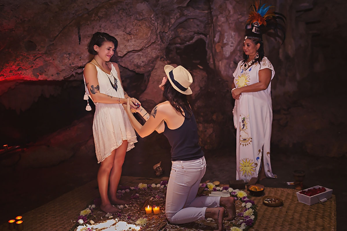 Mystical surprise proposal inside a Mexican cenote two brides Mexico tattoos jungle Shaman