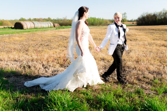 Rustic spring Kentucky farm wedding two brides tuexdo lace dress