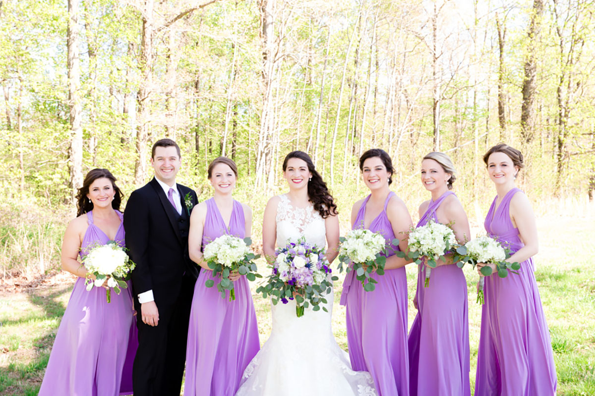 Rustic spring Kentucky farm wedding lilac purple bridal party wedding attendants flowers