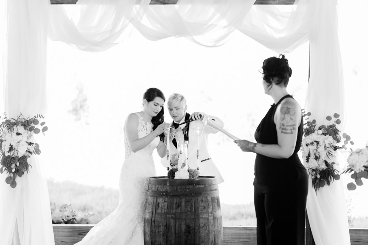 Rustic spring Kentucky farm wedding black and white vows two brides
