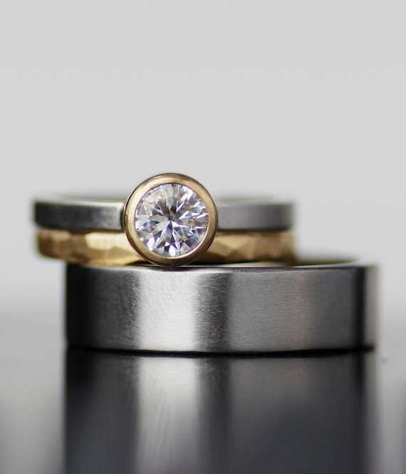 moissanite and mixed metals, $895.00, Lolide gender-neutral wedding rings for LGBTQ+ couples