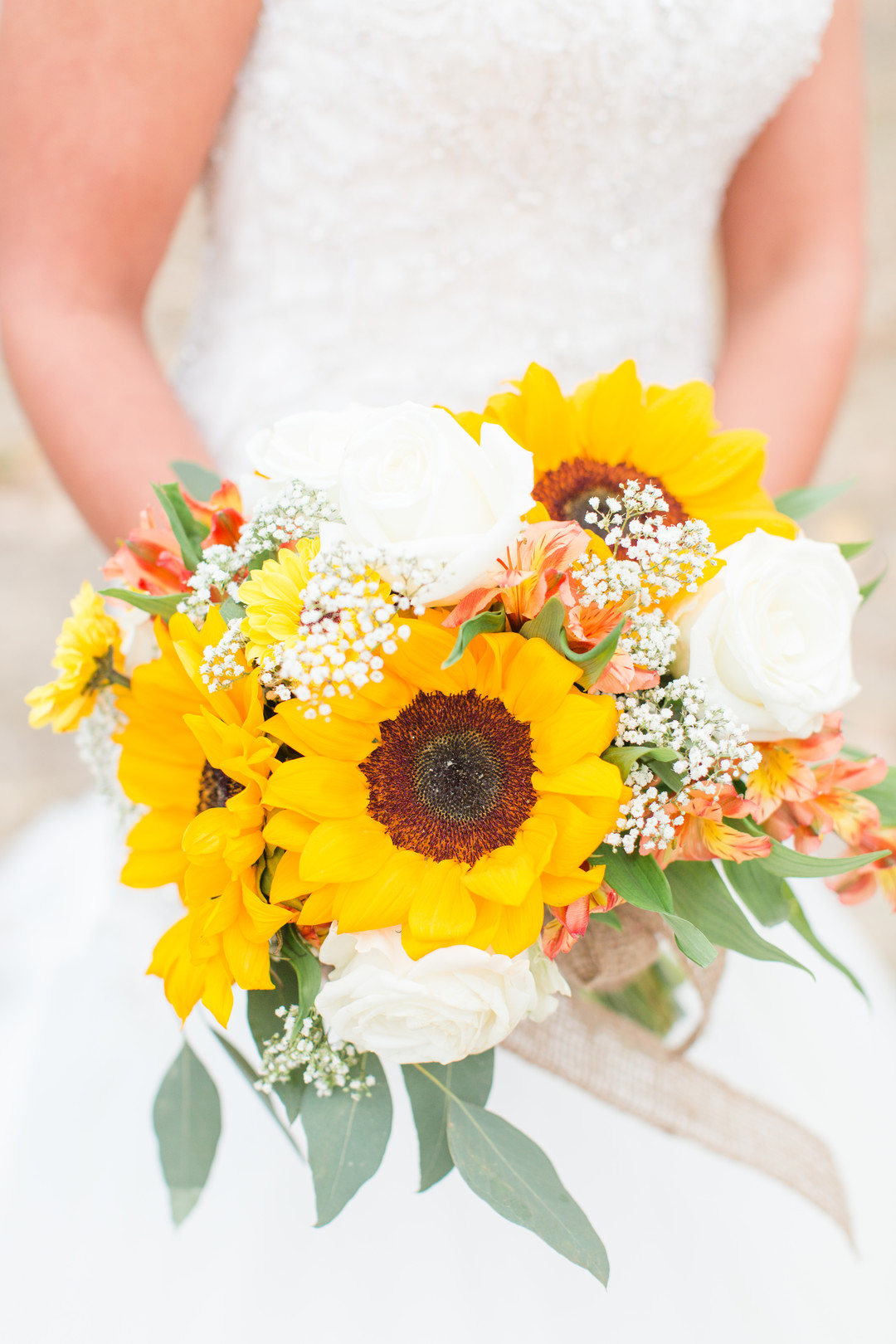 Bright fall sunflower wedding two brides autumn white lace dresses bouquet
