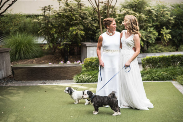 This couple had to move their wedding plans to evacuate a hurricane two brides white dresses dogs
