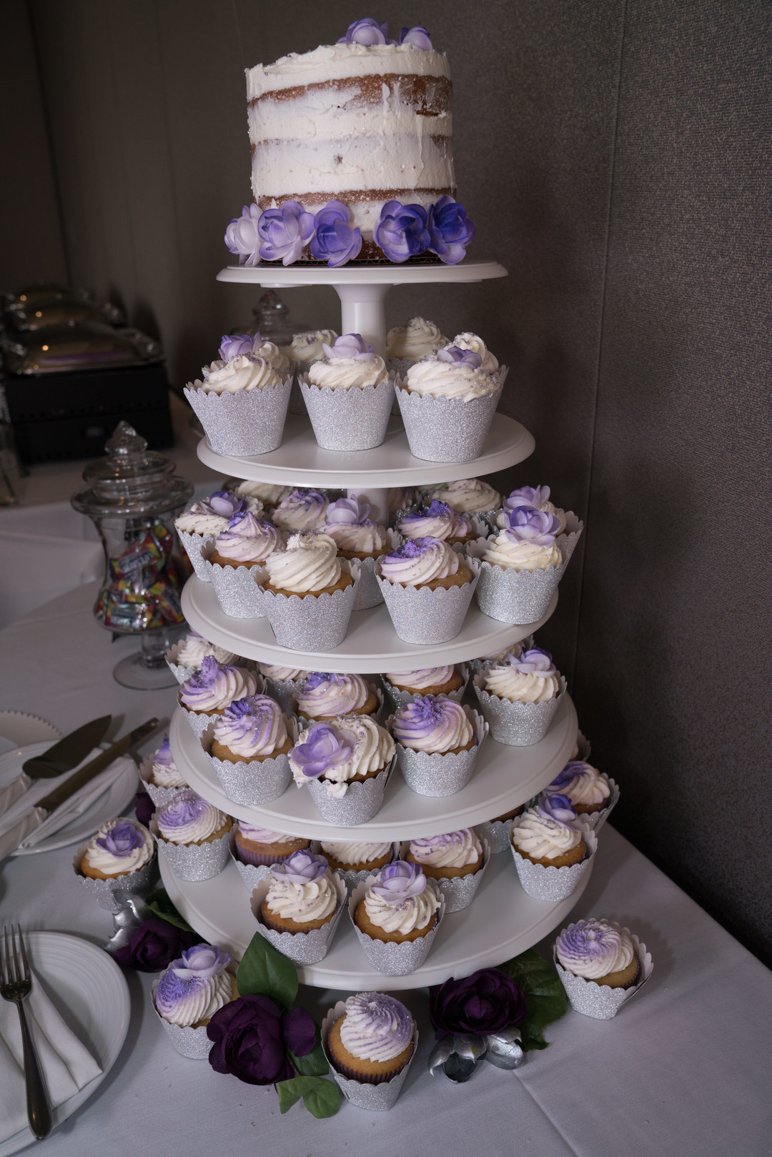 Fun purple and silver wedding in Bethesda, Maryland cupcake wedding cake table
