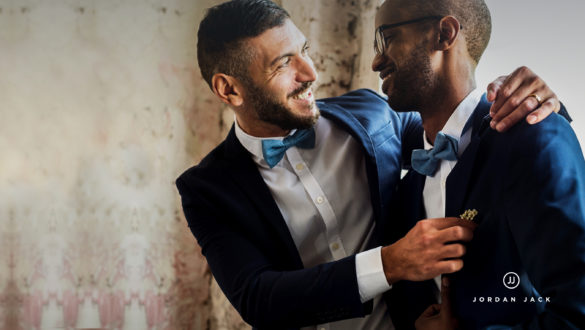 Shopping for your wedding ring is stress-free with Jordan Jack home-try on service custom wedding bands two grooms blue tuxedos bow ties