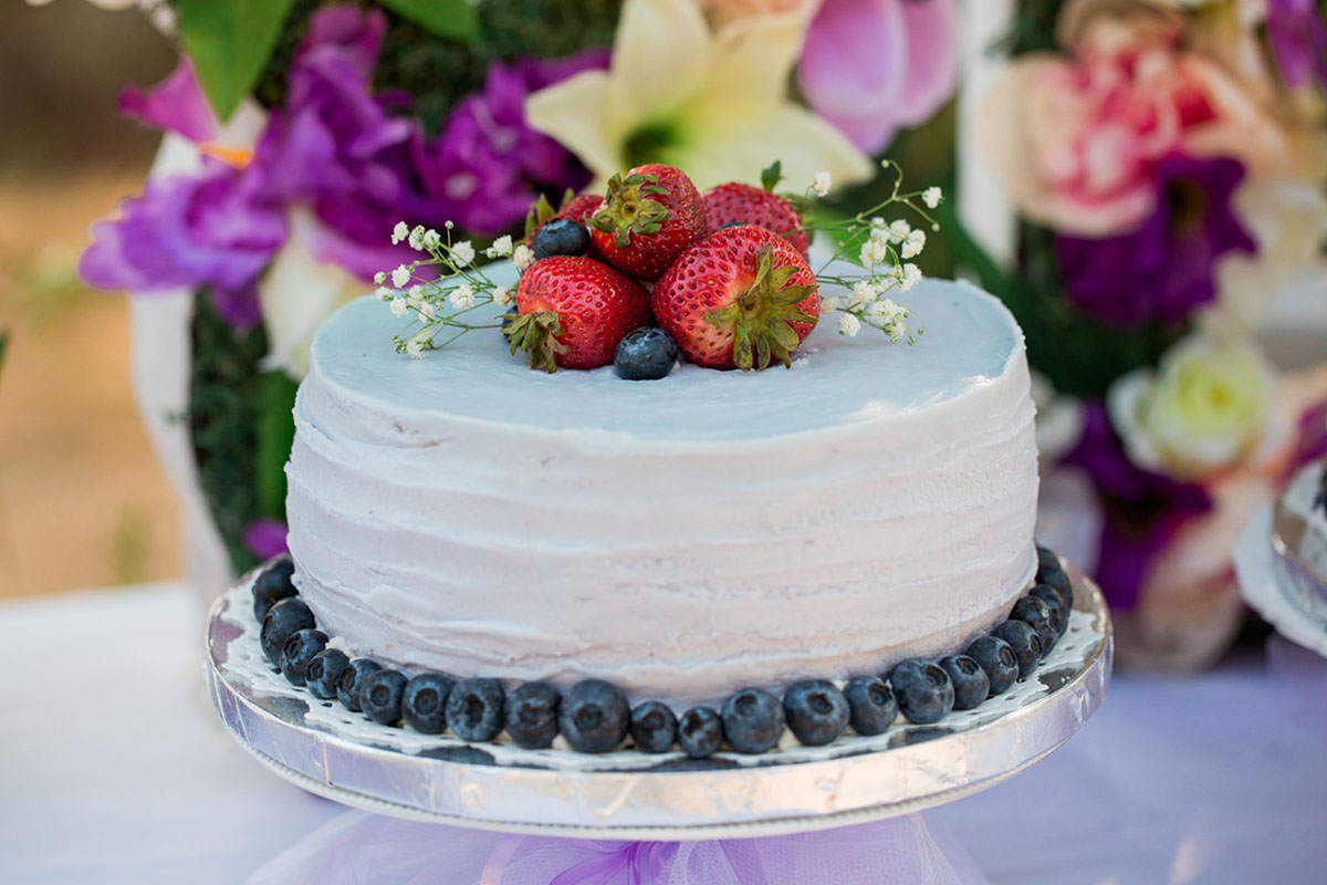 Purple Northwest backyard wedding two brides white dress white tuxedo one tier cake strawberry