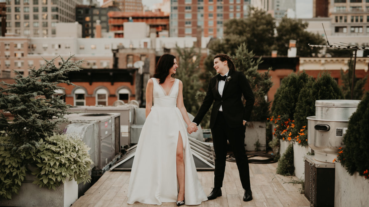 Purple and black rooftop wedding in Brooklyn, New York