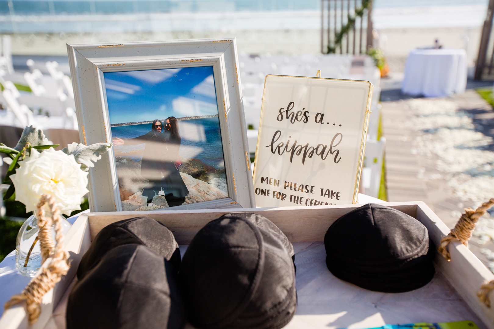 Black and white beach wedding in Newport, Rhode Island she's a kippah