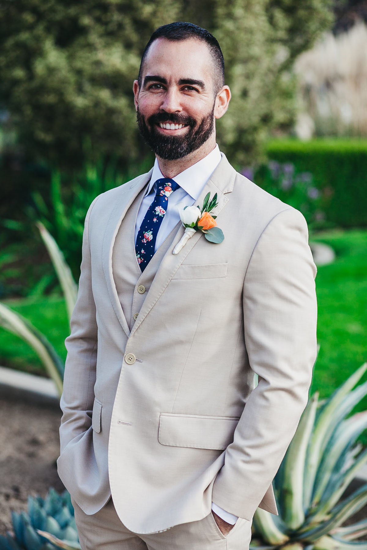 Historic hometown wedding in Pasadena, California patterned tie gray tux