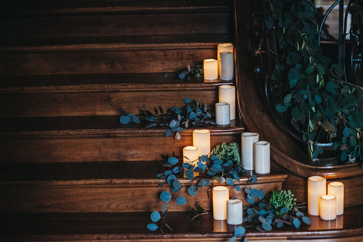 Historic hometown wedding in Pasadena, California staircase candles