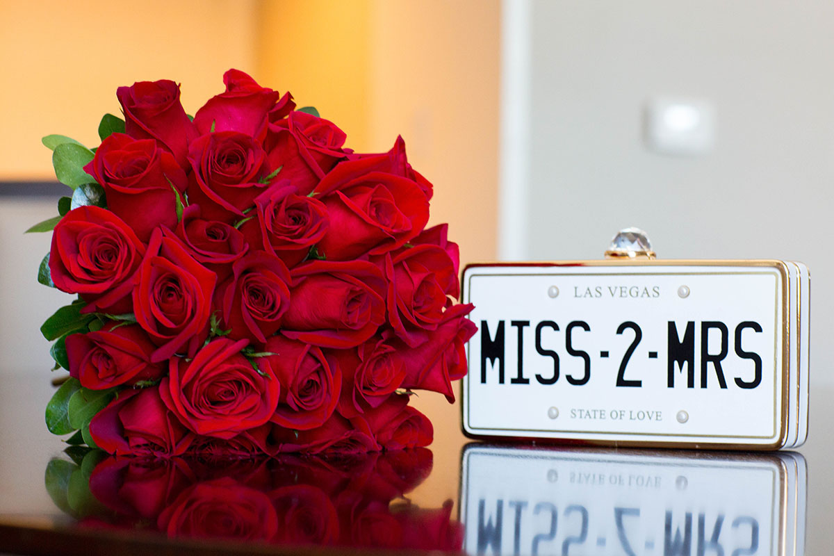 Red midnight romance wedding Miss 2 Mrs license plate roses