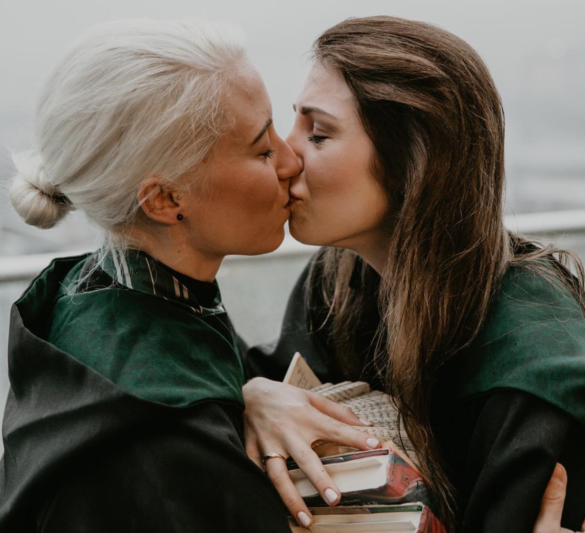 J.K. Rowling loved this lesbian couple's Harry Potter proposal two brides kissing Draco Malfoy wizard scavenger hunt Slytherin books