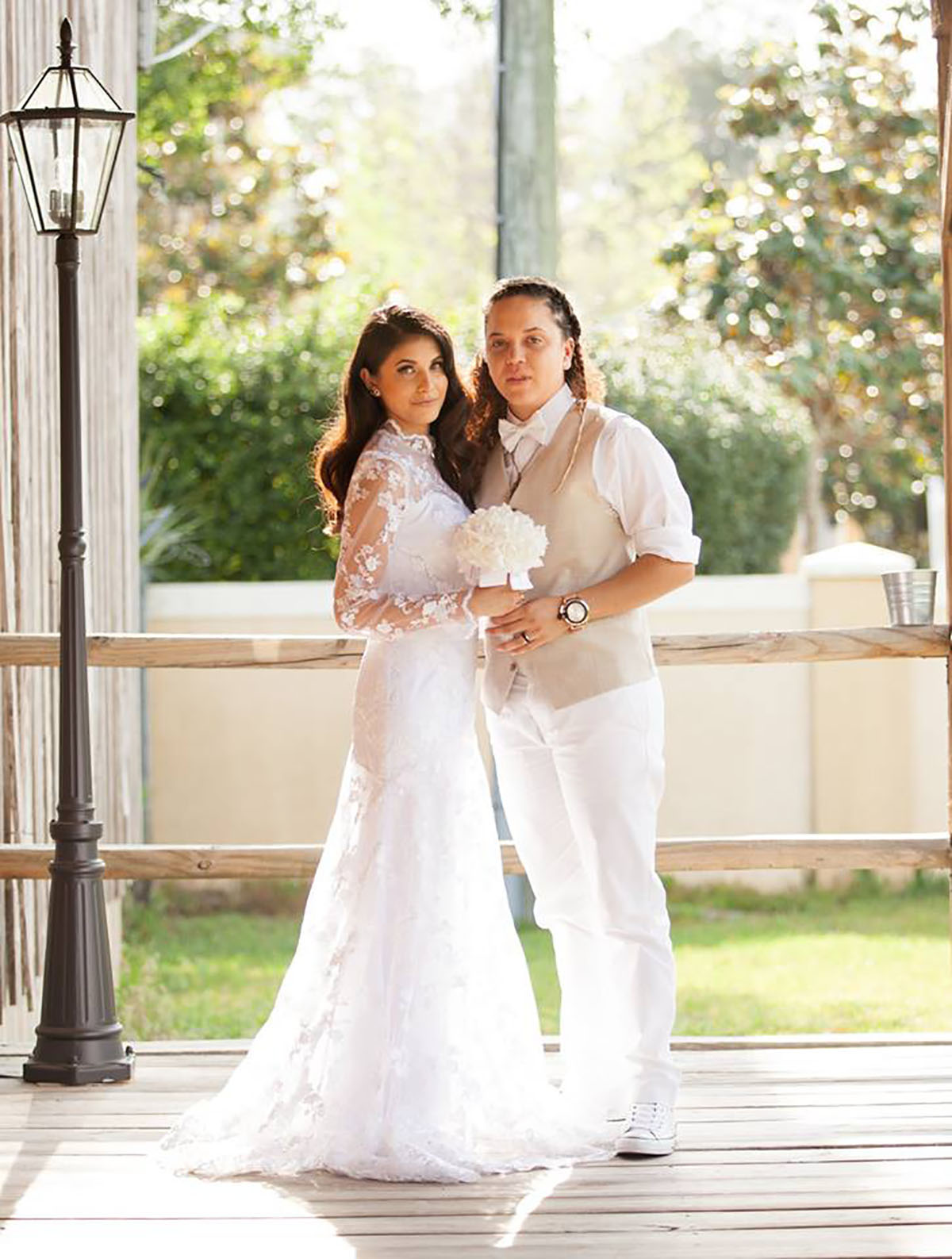 Spiritual geometry-themed wedding two brides long lace white dress simple vest suit