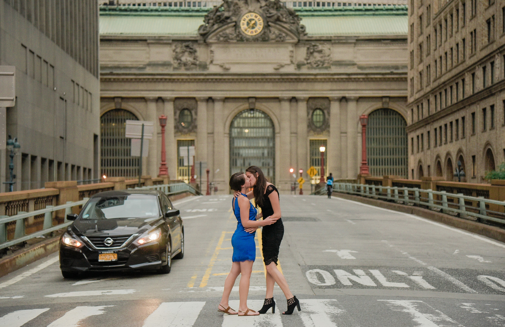 Times Square engagement two brides black dress blue dress New York City Manhattan Grand Central Station