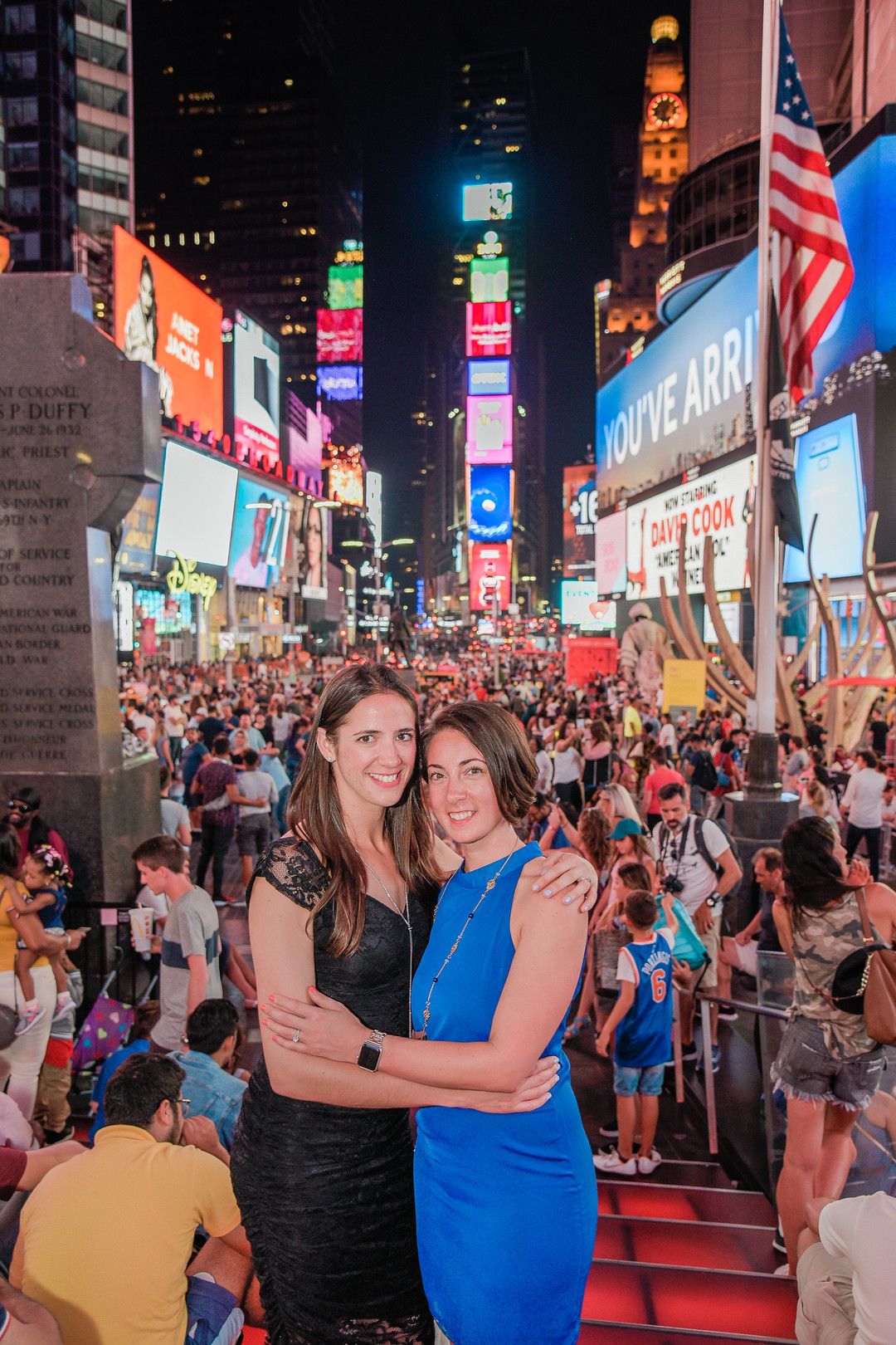 Times Square engagement two brides black dress blue dress New York City Manhattan