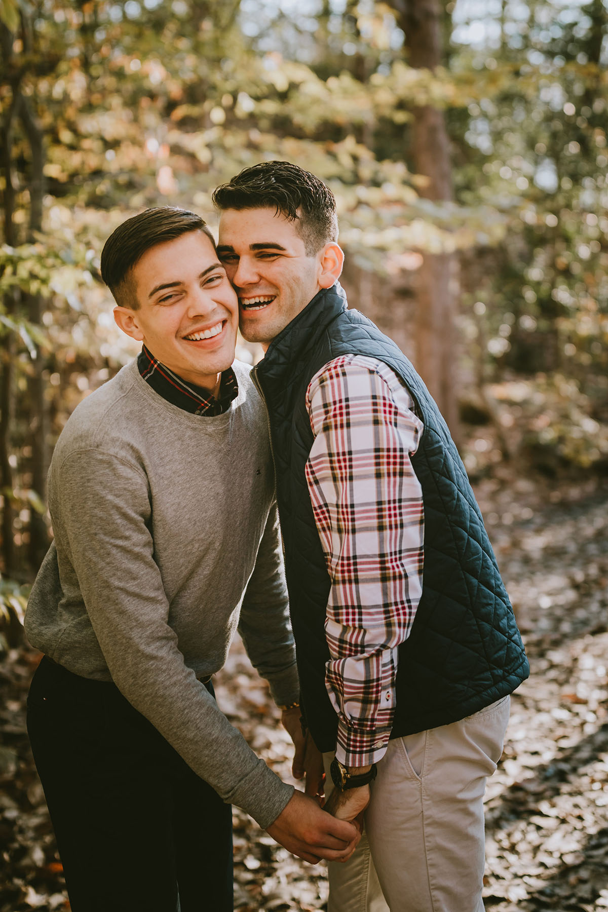 Autumn surprise proposal at Government Island two grooms gay engagement fall foliage Stafford, Virginia flannel shirt jeans woods